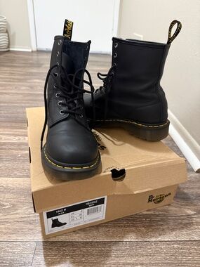 Dr. Martens Black Leather Lace-Up Combat Boots with Yellow Stitching